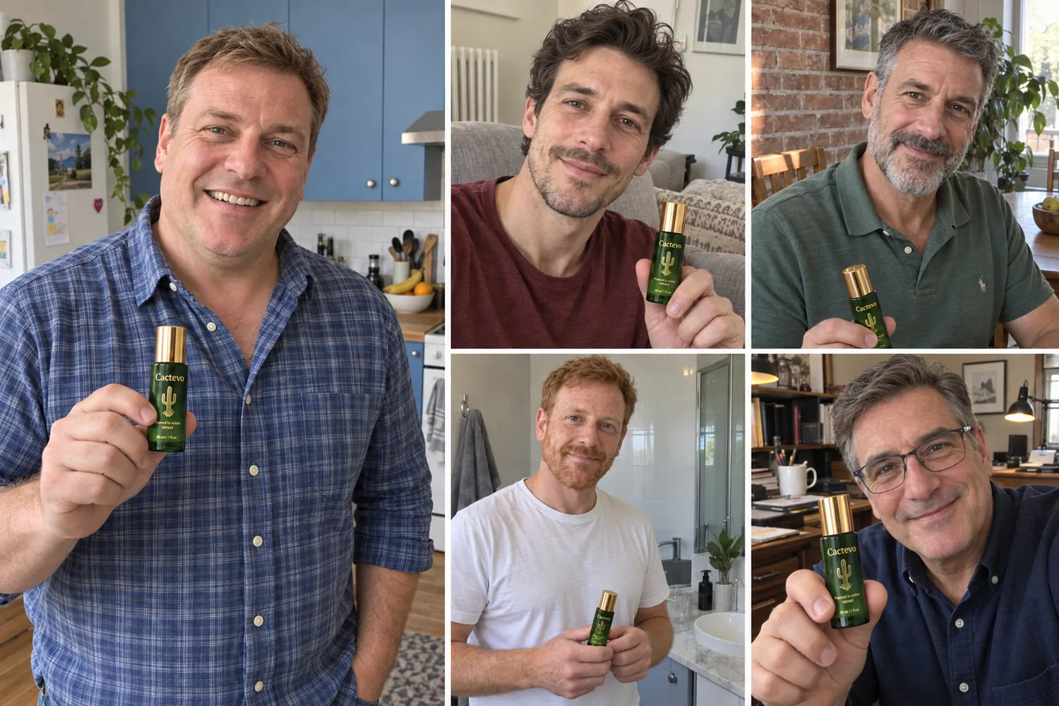 Five men in their 40s and 50s holding the Cactevo serum at home