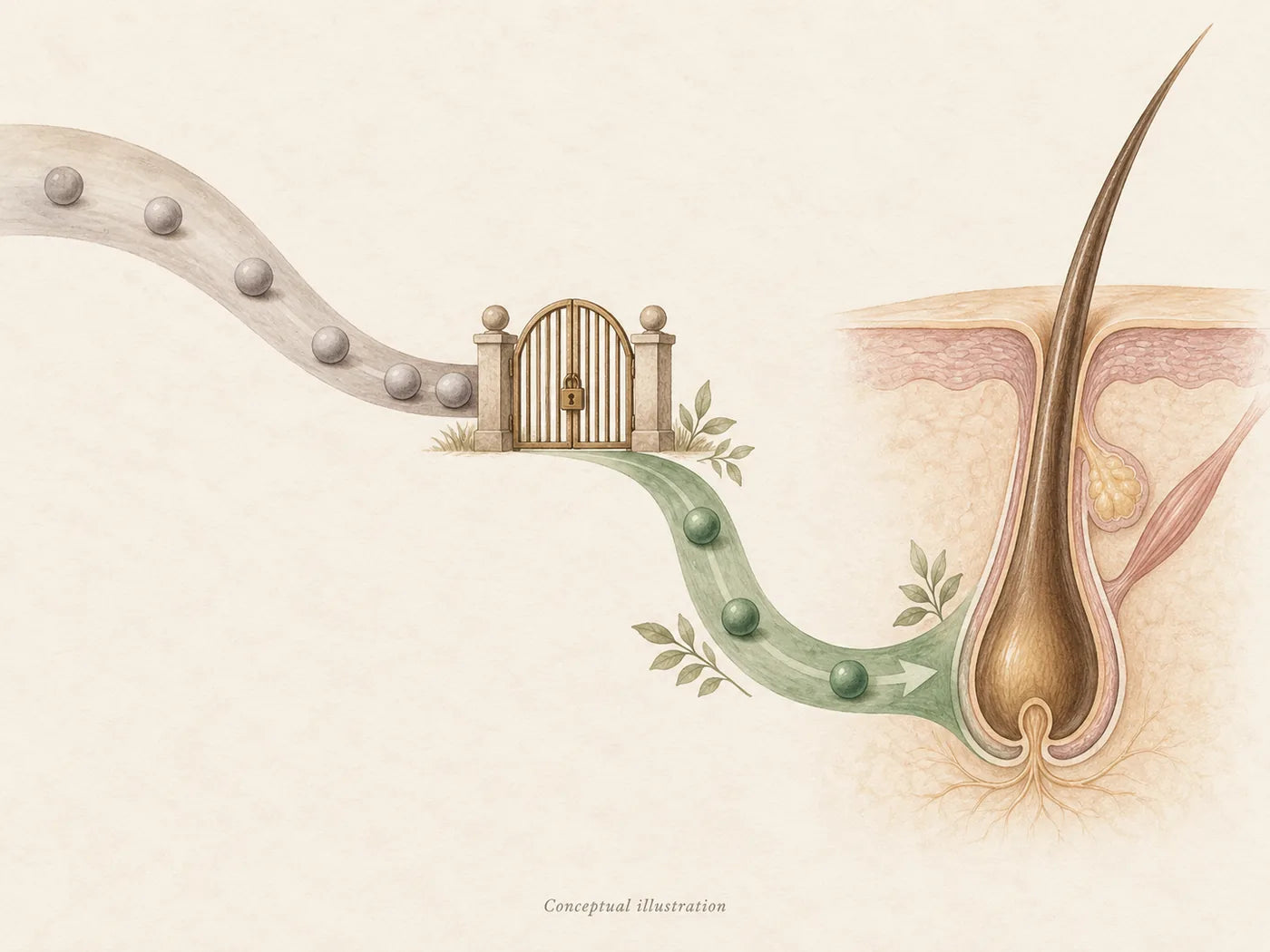 A blocked, gated path versus a clear path delivering the signal to the follicle