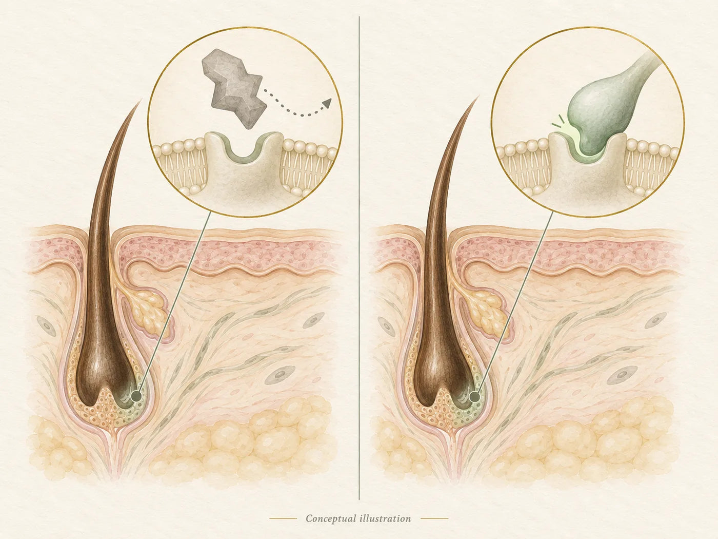 A plant extract bounces off the follicle receptor while the growth-factor signal fits it