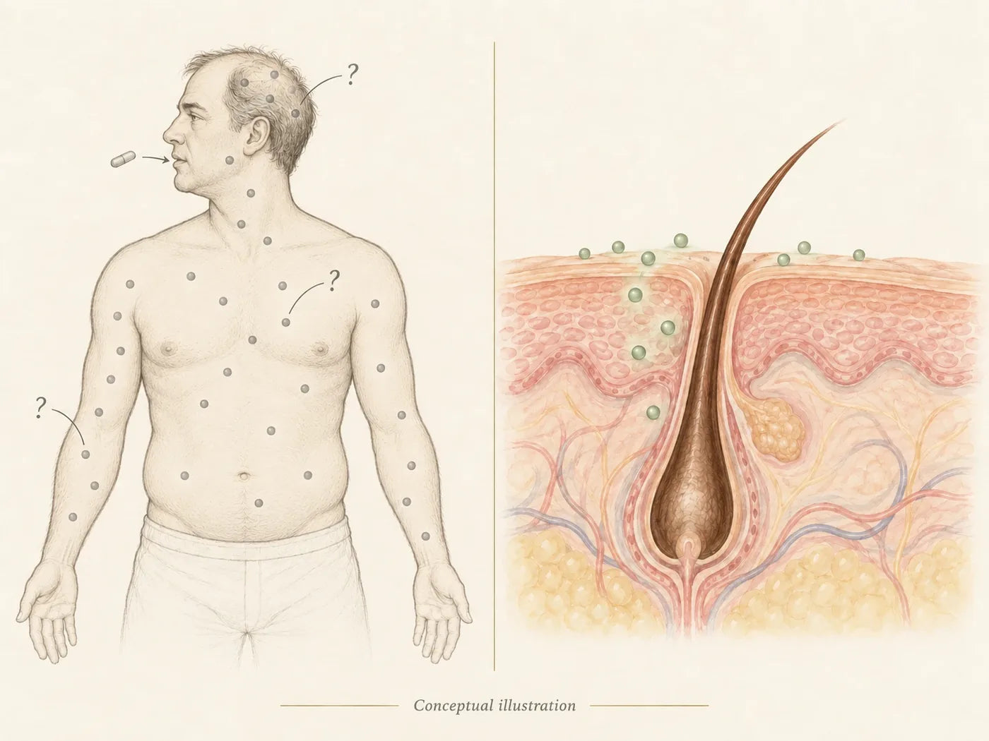 A pill spreading through a man's whole body, next to a growth signal reaching only the hair follicle