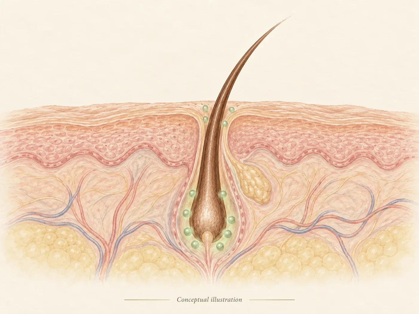 Scalp cross-section with the growth signal gathered around the hair follicle