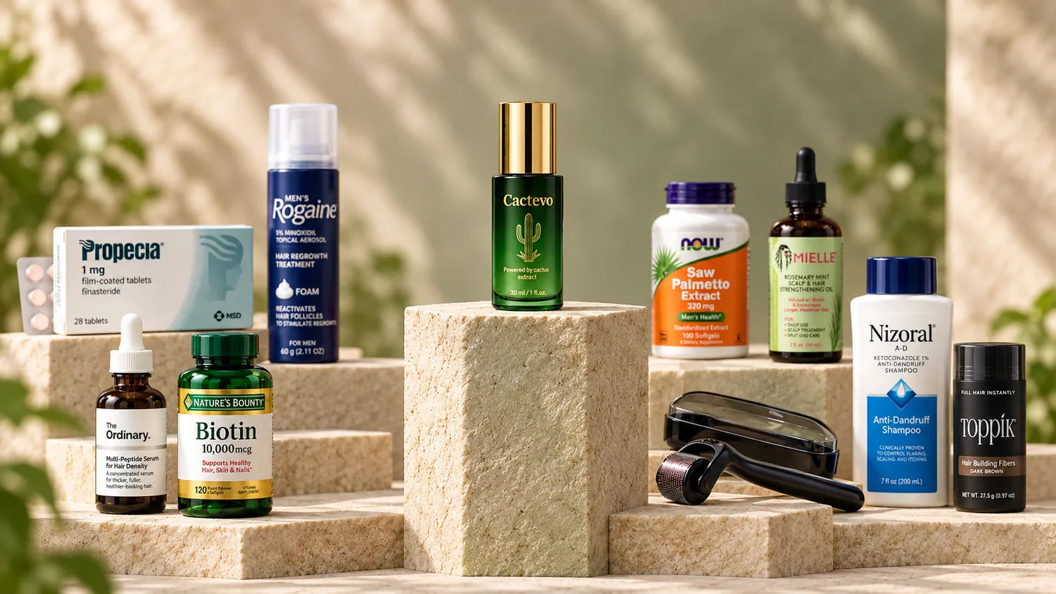 The ten hair-loss treatments tested side by side, with Cactevo at the centre