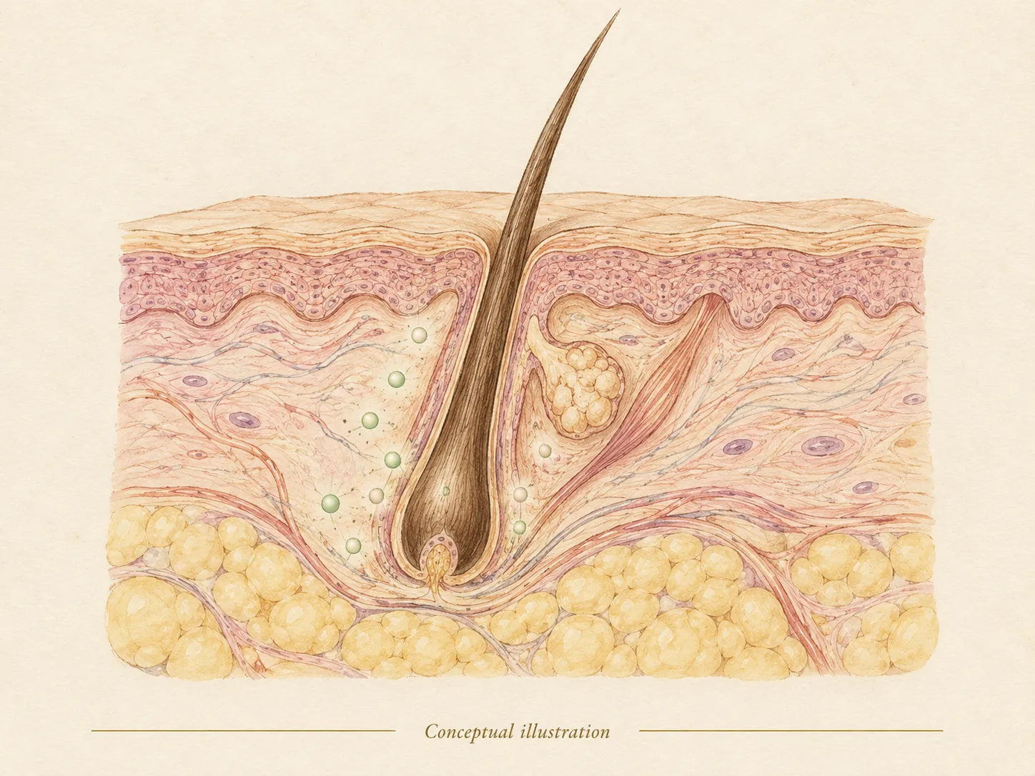 Anatomical illustration of a hair follicle in the scalp with growth-factor signals around its base
