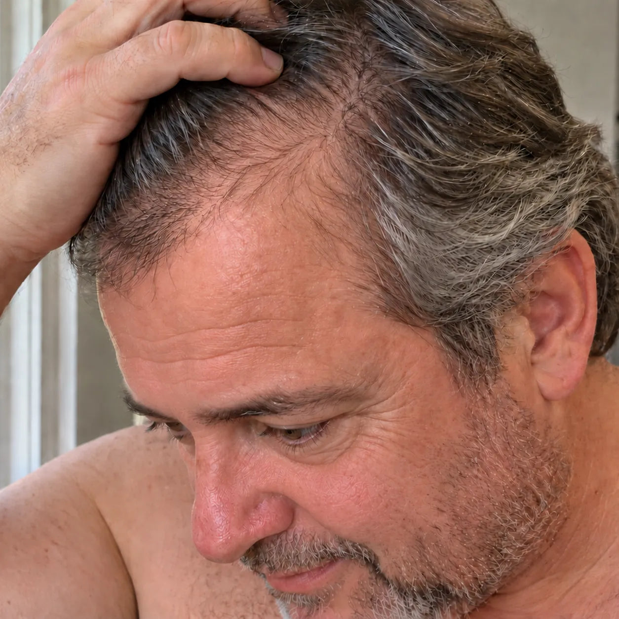 A man smiling as he pushes his hair back to check new fine hairs at his temple