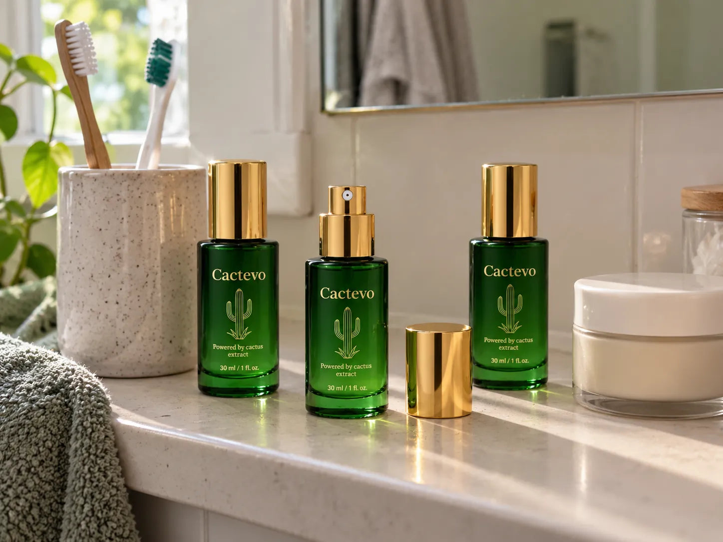 Three green Cactevo bottles on a bathroom shelf in morning light